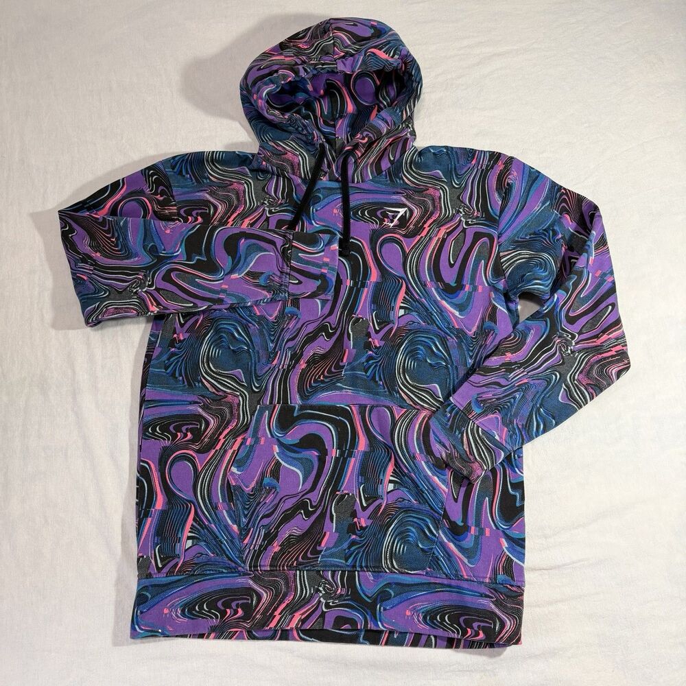 Gymshark Sweatshirt Adult S Purple Swirl Neon All Over Gym Shark Hoodie Pullover